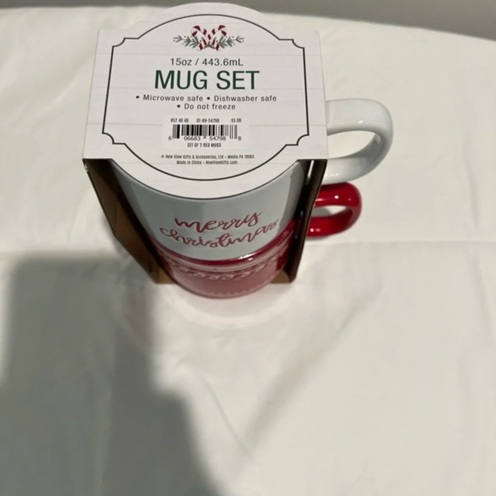 Set Of 2 Holiday Stacking‎ Mugs Red And White New